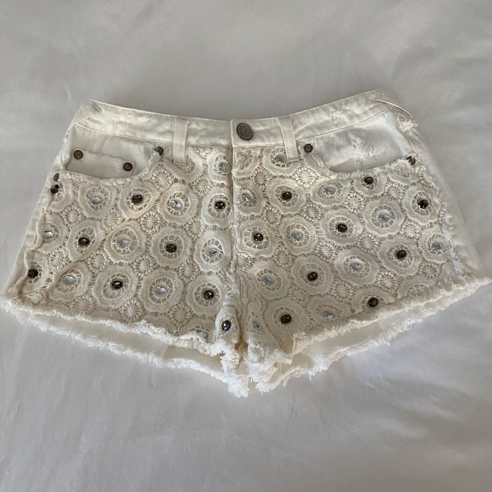 Embroidered Cream Shorts with rhinestones by Foreign Exchange size Medium